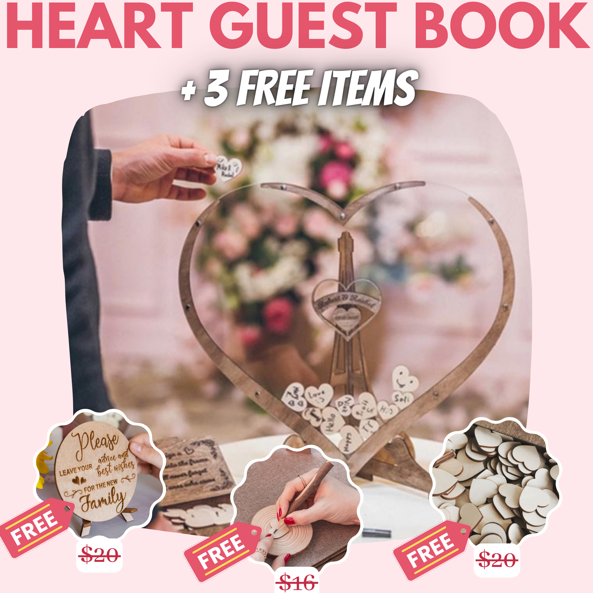 EARLY BIRD: Wooden Heart Wedding Guest Book + 3 FREE bonuses