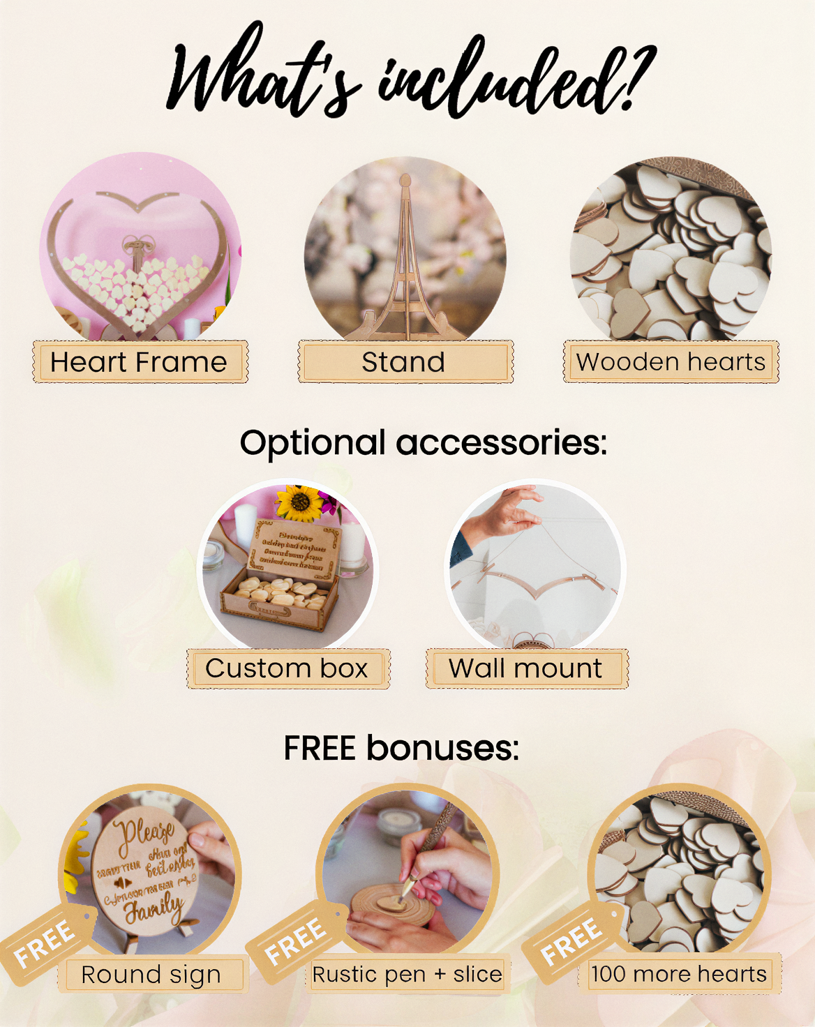 Hochzeitsgästebuch mit Holzherz + 3 KOSTENLOSE Boni