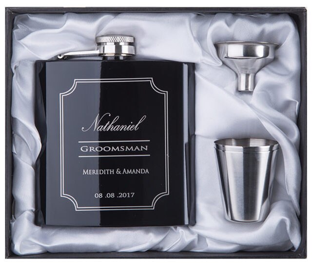 Personalisiertes schwarzes Flachmann-Set | Geschenk für den Bräutigam