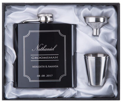 Personalisiertes schwarzes Flachmann-Set | Geschenk für den Bräutigam