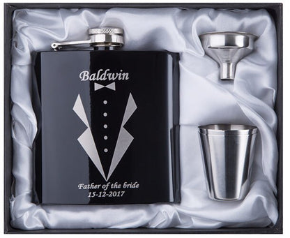 Personalisiertes schwarzes Flachmann-Set | Geschenk für den Bräutigam