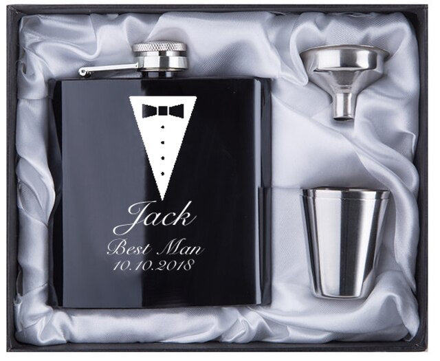 Personalisiertes schwarzes Flachmann-Set | Geschenk für den Bräutigam