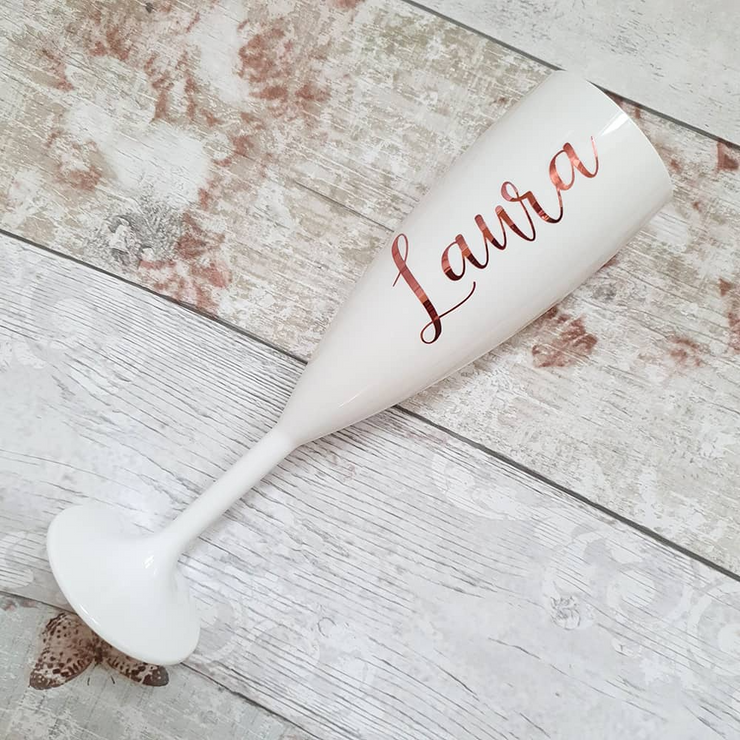 Personalized White Champagne Flute | Bridal Party Gift